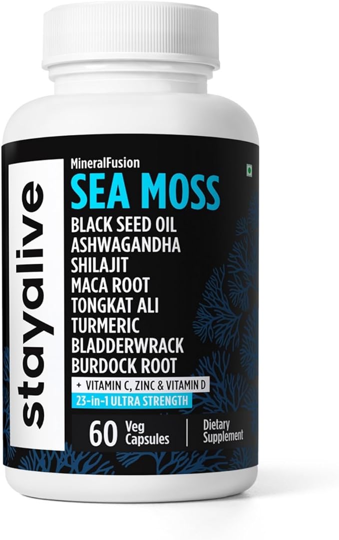 STAY ALIVE Irish Sea Moss Black Seed Oil Ashwagandha Ginger Burdock Root Bladderwrack Powder, 23-in-1 Advanced Supplement, 60 Vegan Pills, Non-GMO and Gluten-Free Sea Moss Extract Capsules