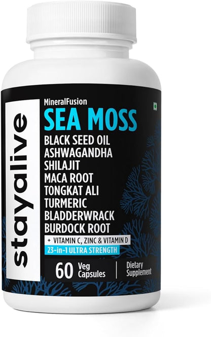 STAY ALIVE Irish Sea Moss Black Seed Oil Ashwagandha Ginger Burdock Root Bladderwrack Powder, 23-in-1 Advanced Supplement, 60 Vegan Pills, Non-GMO and Gluten-Free Sea Moss Extract Capsules