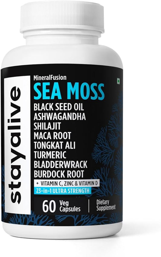 STAY ALIVE Irish Sea Moss Black Seed Oil Ashwagandha Ginger Burdock Root Bladderwrack Powder, 23-in-1 Advanced Supplement, 60 Vegan Pills, Non-GMO and Gluten-Free Sea Moss Extract Capsules