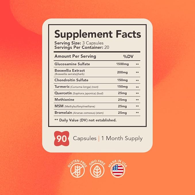 Glucosamine Chondroitin, Turmeric & MSM - Joint Support Supplement for Women & Men - Dietary Supplement - 90 Capsules