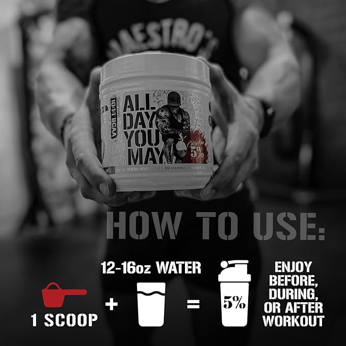 5% Nutrition Rich Piana AllDayYouMay BCAA Powder | Premium Intra & Post Workout Amino Acids, Hydration, Endurance, Muscle Recovery, Joint & Liver Support | 15.3 oz, 30 Servings (Watermelon)
