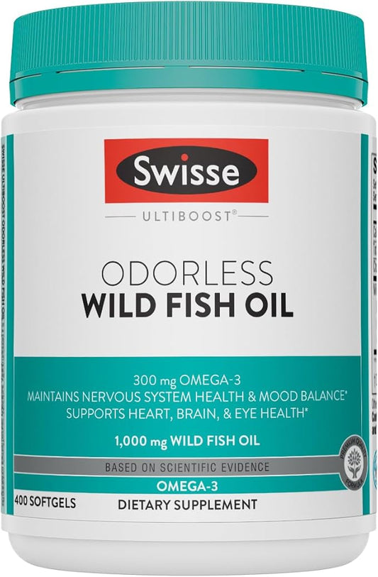 Swisse Wild Fish Oil Omega 3 Supplements for Women and Men 1000 mg Softgels | EPA DHA Fish Oil Supplements | Odorless - Helps Support Brain, Eye and Heart Health | 400 Softgel Pills