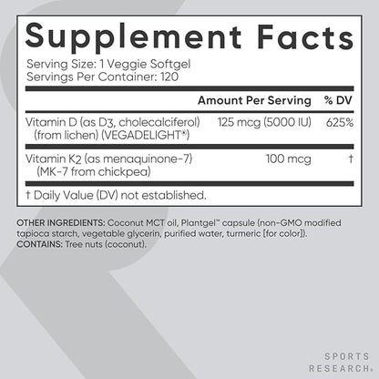 Sports Research® Vitamin D3 + K2 with Coconut MCT Oil | Vegan D3 5000 IU with K2 100 mcg for Bone & Immune Health | Vegan Certified, Soy & Gluten Free - 120 Softgels