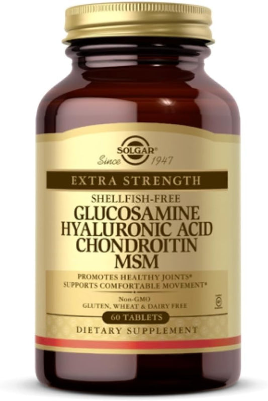 Solgar Glucosamine Hyaluronic Acid Chondroitin MSM (Shellfish-Free), 60 Tablets - Joint Support & Comfort - Supports Active Lifestyles - Non-GMO, Gluten Free, Dairy Free - 20 Servings