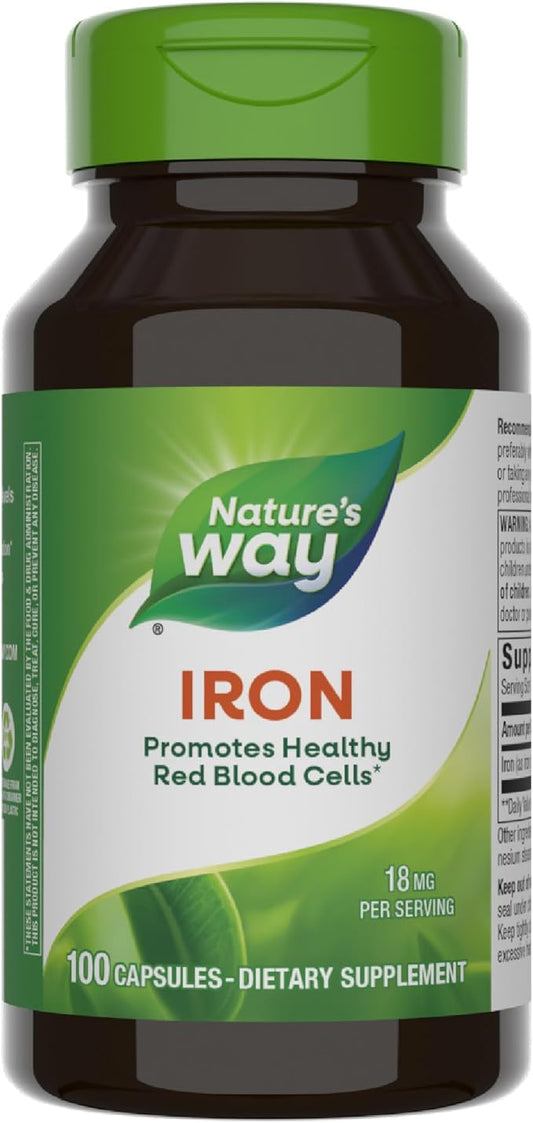 Nature's Way Iron, Promotes Healthy Red Blood Cells*, 18 mg Iron from Iron Gluconate Per Serving, Gluten Free, 100 Capsules (Packaging May Vary)