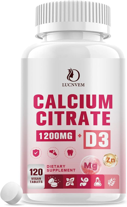 Calcium Citrate 1200 mg with Vitamin D3 Supplement for Women & Men, Calcium Magnesium Zinc D3 for Bone Muscle & Teeth Health - 120 Count - 60 Day Vegan Supply
