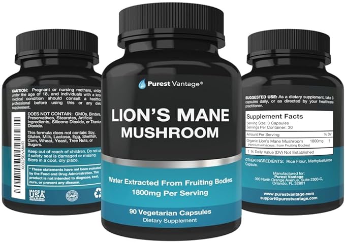 Organic Lions Mane Mushroom Capsules - 1800mg Lion's Mane Mushroom Supplement Grown in USA - Nootropic Brain Supplement and Immune Support - Lions Mane Extract Powder - 90 Veggie Caps