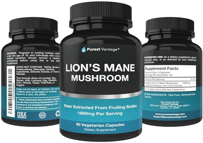 Organic Lions Mane Mushroom Capsules - 1800mg Lion's Mane Mushroom Supplement Grown in USA - Nootropic Brain Supplement and Immune Support - Lions Mane Extract Powder - 90 Veggie Caps