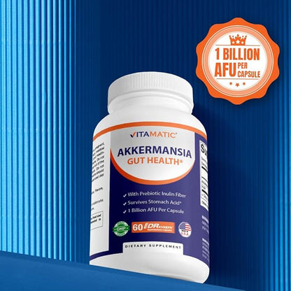 Vitamatic Akkermansia Muciniphila Gut Health - 60 DR Capsules (Delayed Released) - Made with Prebiotic Inulin Fiber