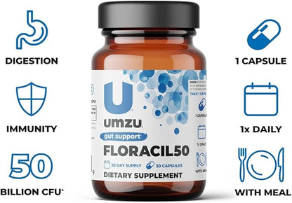 UMZU Floracil50 Probiotic for Women + Men - 50 Billion CFU for Gut Health, Acidophilus, Rhamnousus, Digestion, Gut Health, Immunity, Energy - 30-Day Supply (30 Capsules)