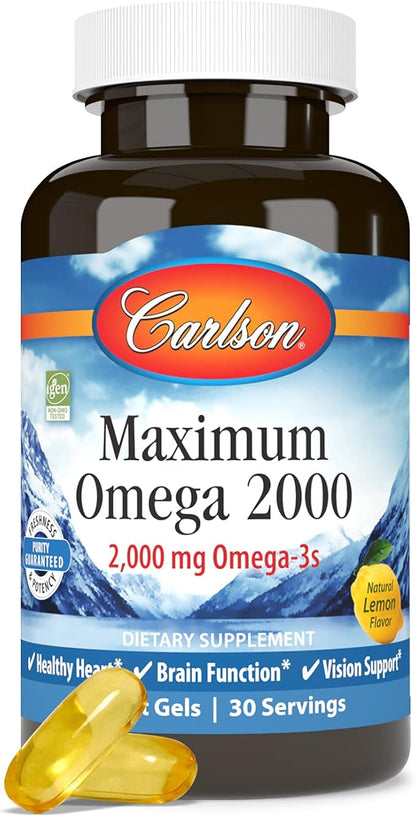 Carlson - Maximum Omega 2000, 2000 mg Omega-3 Fatty Acids Including EPA and DHA, Wild-Caught, Norwegian Fish Oil Supplement, Sustainably Sourced Fish Oil Capsules, Lemon, 60 Softgels