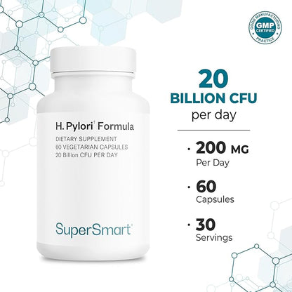 Supersmart H. Pylori Formula 20 Billion CFU per Day - Natural Probiotic Lactobacillus Reuteri DSM 17648 Supplement | Non-GMO & Gluten Free - 60 Vegetarian Capsules