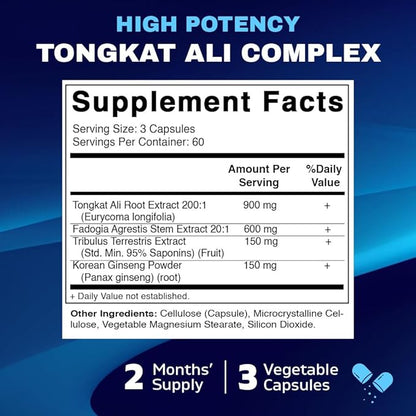 Vitamatic Tongkat Ali Extract 200 :1 Extract for Men (Longjack) Eurycoma Longifolia - 1800 mg Per Serving - Made with Fadogia Agrestis 20:1 Extract, Tribulus 95% & Panax Ginseng - 180 Capsules