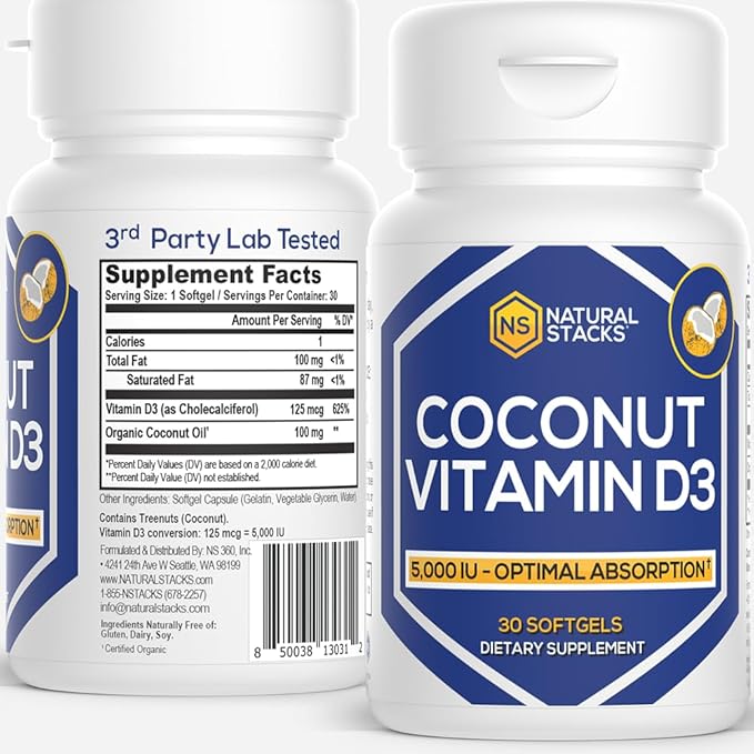 NATURAL STACKS Vitamin D 5000 IU Supplement - with Coconut Oil for Optimal Absorption - Vitamin D Pills for Immunity & Cell Growth - D3 125mcg Cholecalciferol Supplement - 30 D3 Servings
