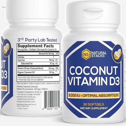 NATURAL STACKS Vitamin D 5000 IU Supplement - with Coconut Oil for Optimal Absorption - Vitamin D Pills for Immunity & Cell Growth - D3 125mcg Cholecalciferol Supplement - 30 D3 Servings