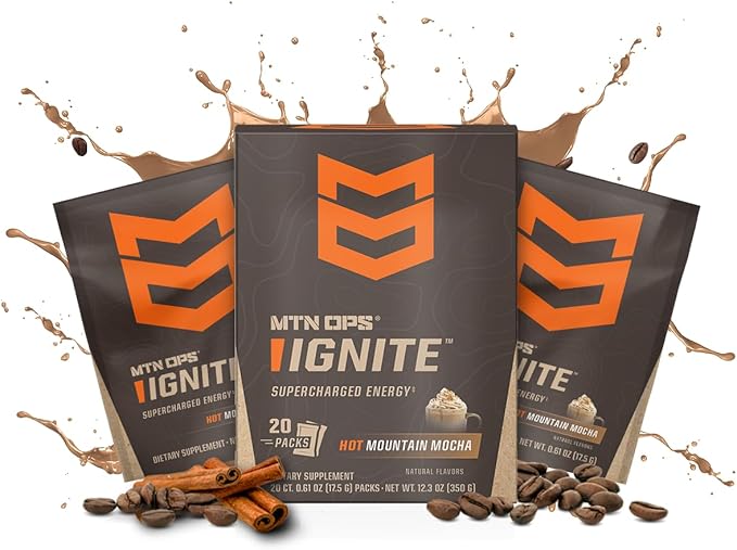 MTN OPS Hot Ignite Instant Coffee Nootropic & L-Arginine L-Citrulline for Cognitive Clarity, Mental Focus & Nitric-Oxide Boost | 200mg Caffeine per Serving, 20 Servings | Mountain Mocha Trail Packs
