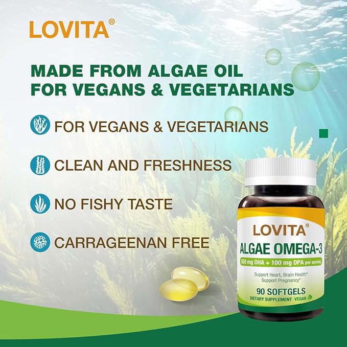 Lovita Algae Omega-3, Vegan and Plant-Based DHA & DPA, Fish Oil Alternative, 1000mg Algae Oil, Support Heart and Brain Health, Carrageen-Free, 90 Softgels