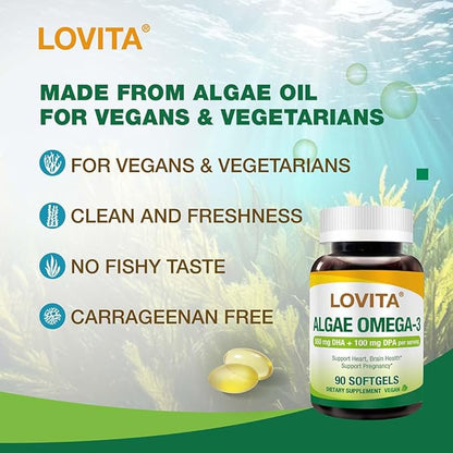 Lovita Algae Omega-3, Vegan and Plant-Based DHA & DPA, Fish Oil Alternative, 1000mg Algae Oil, Support Heart and Brain Health, Carrageen-Free, 90 Softgels