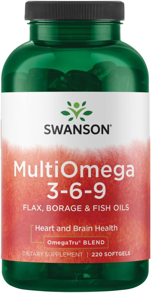 Swanson MultiOmega 3-6-9 - Non-GMO Flax, Borage & Fish Oil Capsules - Essential Fatty Acids Supporting Cardiovascular Health & Brain Health - (220 Softgels, 2400mg Serving)