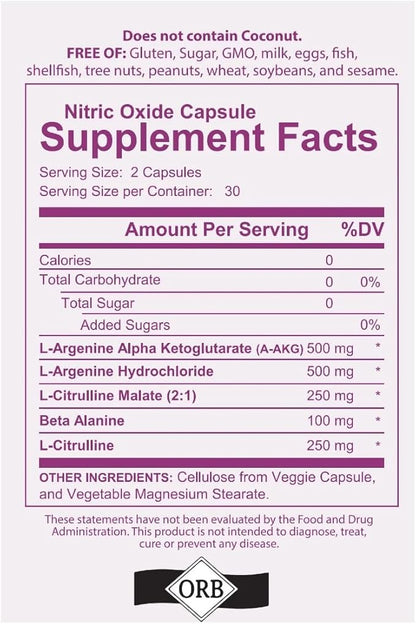 Nitric Oxide Supplement, with L Arginine and L Citrulline Boosting Nitric Oxide Production, Blood Pressure, and Circulation, Gluten Free, Non-GMO, Kosher (60)