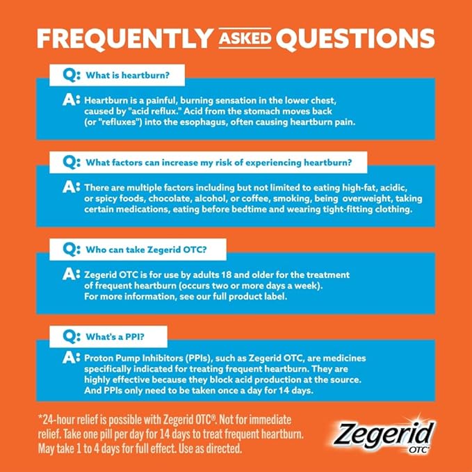 Zegerid OTC 24-Hour Heartburn Relief, The Only Proton Pump Inhibitor with Omeprazole 20mg + Sodium Bicarbonate, Treats Frequent Heartburn, 14ct Capsules