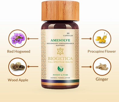 Amesolve Herbal Support for Secondary Amenorrhoea with Punarava and Asparagus Racemose - Helps Regulates The Menstrual Cycle - Non-GMO - 100% Vegan Ayurveda Supplement - 80 Capsules