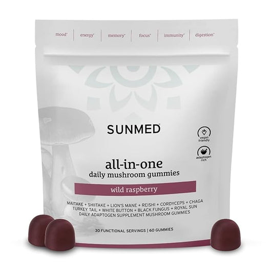 SUNMED All-in-One Mushroom Gummy Supplements for Focus, Energy, Mood & Immune Support – 10 Functional Mushrooms (Lion’s Mane, Reishi, Cordyceps, Chaga) | Wild Raspberry Flavor, 60ct