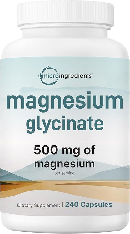 Magnesium Glycinate 500mg Per Serving, 240 Capsules | Potent Elemental Form, 100% Chelated, High Absorption | Healthy Muscle, Bones, & Mood Support Supplement | Non-GMO