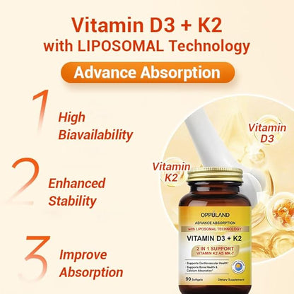 Vitamin D3 + K2 5000 IU - Liposomal Technology for Enhanced Absorption - MK-7 Vitamin K2 100mcg - Supports Bone & Calcium Metabolism - D3K2 Supplement for Men & Women - 90 Softgels