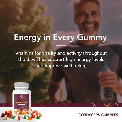 Cordyceps Mushroom Gummies| 5400*mg per Serving| Cherry, Grape, Apple, Orange| 60 Pectin Gummies| Natural Energy Boost Stamina Endurance Gummies| Vegan Supplement| Made in USA