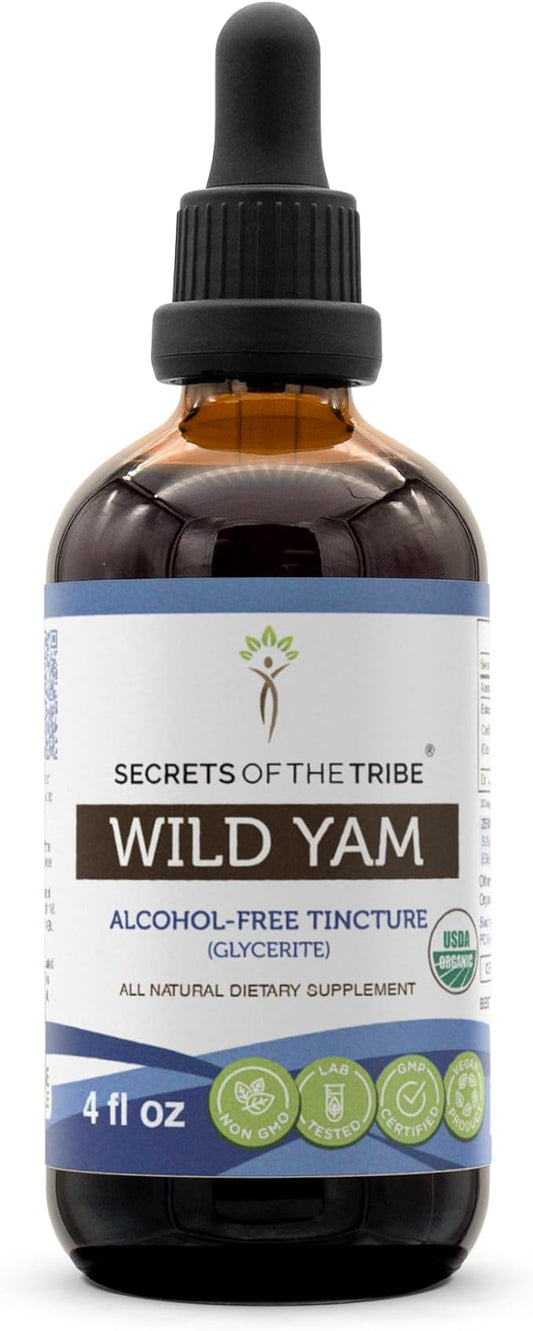 Secrets of the Tribe Wild Yam Alcohol-Free USDA Organic Tincture (Glycerite) Responsibly farmed Wild Yam (Dioscorea Villosa) Dried Root (4 Fl Oz) Hormone Support Supplement