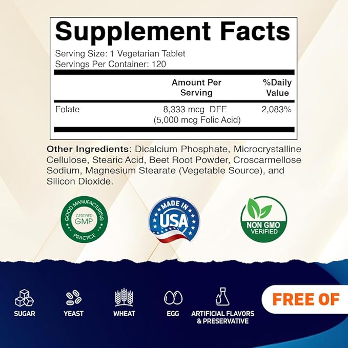 Vitamatic Folic Acid 5mg (5000 mcg) – 120 Vegetarian Tablets per Bottle | Pack of 2 (Total 240 Tablets) Vitamin B9 (Folate) | Supports Heart Health, Brain Function, and Prenatal Wellness