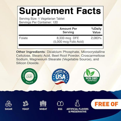 Vitamatic Folic Acid 5mg (5000 mcg) – 120 Vegetarian Tablets per Bottle | Pack of 2 (Total 240 Tablets) Vitamin B9 (Folate) | Supports Heart Health, Brain Function, and Prenatal Wellness