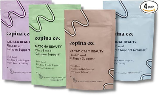 Vegan Collagen Booster Mix: Plant Based Collagen Support Smoothie Drink Vegan Blend Variety Pack | 4 Flavors Matcha, Vanilla, Original and Cacao Calm | 25 Servings per 4.4oz Bag