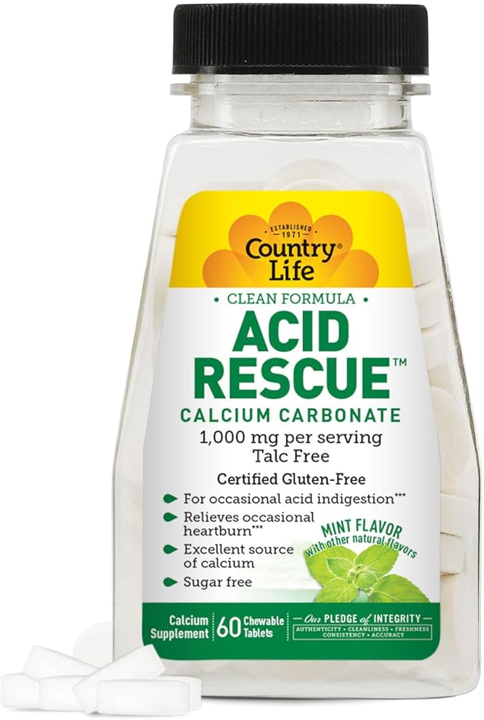 Country Life Acid Rescue Chewable Tablets - Certified Vegan & Gluten-Free Heartburn Relief, 400mg Calcium & Magnesium, Non-GMO, Sugar-Free Mint Flavor, Supports Bone Health, 60 Count