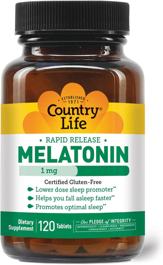 Country Life Melatonin Sleep Aid 1mg - Non-GMO, Gluten-Free, Vegan - Rapid-Release, Fast Dissolve Tablets for Optimal Sleep - No Yeast, Corn, Wheat, Soy - Pure, Authentic Ingredients