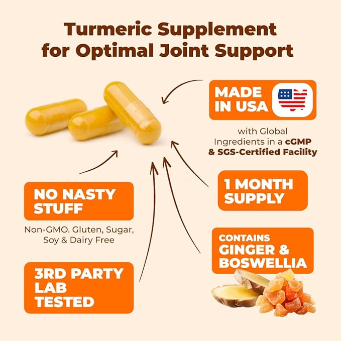 Turmeric Supplement with Glucosamine Chondroitin. Joint Supplements for Women & Men with Ginger, Boswellia, MSM & Tumeric Curcumin with Black Pepper (Bioperine). Aids Immune & Joint Support. 60 Caps