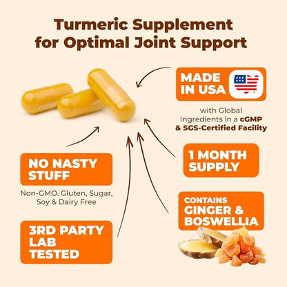 Turmeric Supplement with Glucosamine Chondroitin. Joint Supplements for Women & Men with Ginger, Boswellia, MSM & Tumeric Curcumin with Black Pepper (Bioperine). Aids Immune & Joint Support. 60 Caps