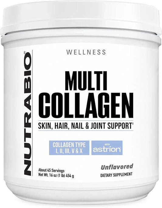 NutraBio Multi Collagen Powder- Hydrolyzed Collagen Peptides for Glowing Hair & Skin- Grass-Fed- Collagen Powder for Women and Men- 45 Servings
