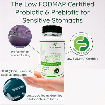 Low FODMAP Certified Probiotic & Prebiotic Synbiotic Supplement, IBS IBD & SIBO Dairy Free Vegan, Soy/Gluten/Inulin Free Non GMO No Gas No Bloating (60 Caps)