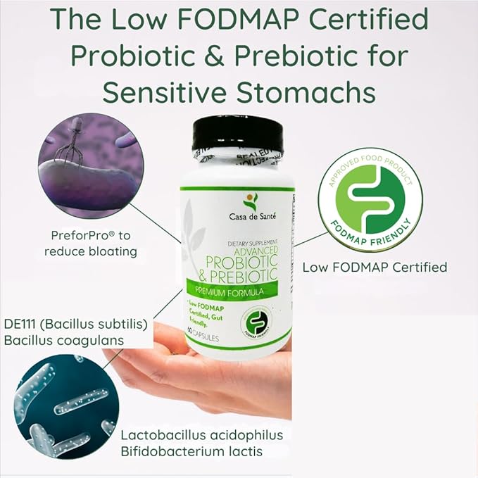 Low FODMAP Certified Probiotic & Prebiotic Synbiotic Supplement, IBS IBD & SIBO Dairy Free Vegan, Soy/Gluten/Inulin Free Non GMO No Gas No Bloating (60 Caps)