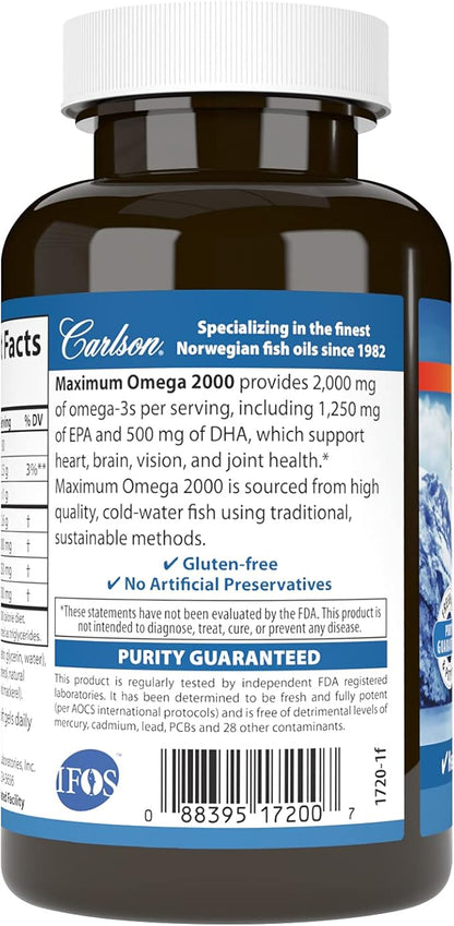 Carlson - Maximum Omega 2000, 2000 mg Omega-3 Fatty Acids Including EPA and DHA, Wild-Caught, Norwegian Fish Oil Supplement, Sustainably Sourced Fish Oil Capsules, Lemon, 60 Softgels