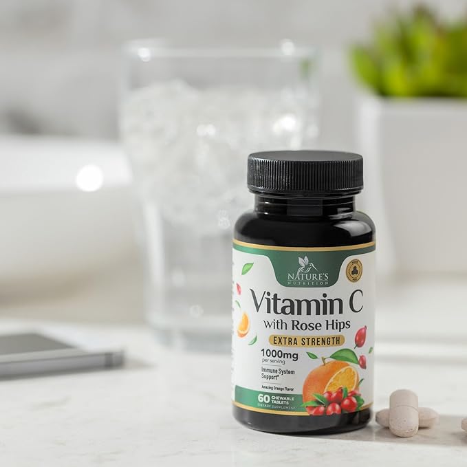 Chewable Vitamin C 1000mg - Extra Strength Antioxidants for Powerful Immune Support w/Vitamin C & Rose HIPS - Potent Dietary VIT C Chews Supplement, Natural, Vegan - Tasty Orange Flavor - 60 Tablets