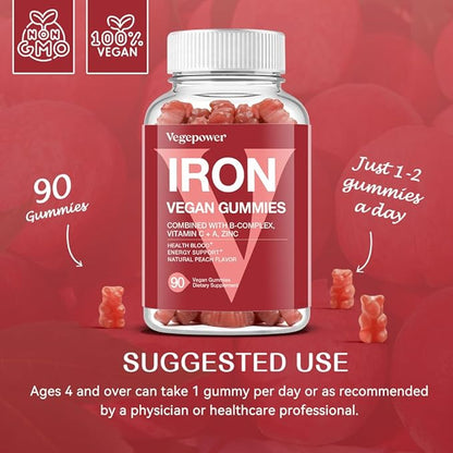 Iron Gummies Supplements for Women & Kids - Multivitamin with Iron for Blood Oxygen, Great Tasting Gummy Vitamins with Vitamin C for Max Absorption - Vegan Chewable, Peach Flavor(3 Packs)