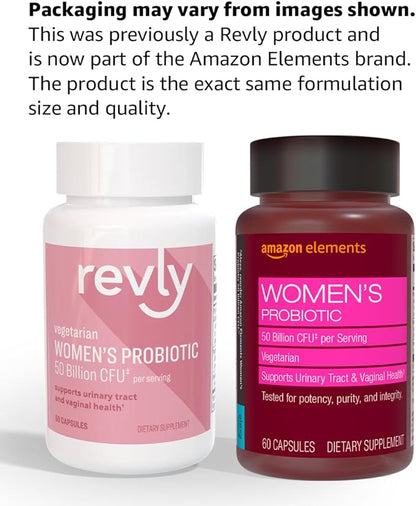 Amazon Elements Women's Probiotic 50 billion CFU per serving, vegetarian, Supports Urinary Track and Vaginal Health, 60 capsules