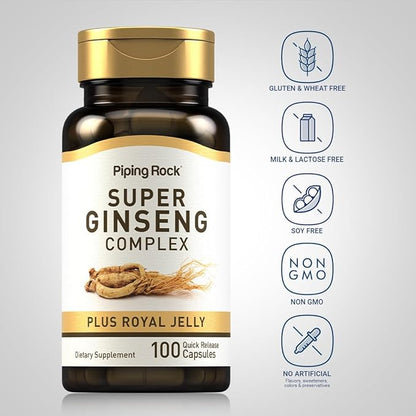 Piping Rock Ginseng Complex Capsules | 100 Count | with Royal Jelly | Non-GMO, Gluten Free Supplement