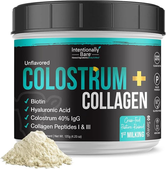Intentionally Bare Colostrum and Collagen Powder - Colostrum Supplement with Biotin and Collagen Peptides - Colostrum Powder for Skin, Joint & Gut Health - Unflavored Collagen Supplements 60 Servings
