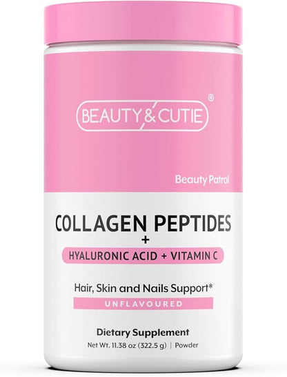 Collagen Peptides 10g with Hyaluronic Acid 120 mg and Vitamin C Powder, Hair, Skin and Nails Support, Grass Fed, Unflavored, 11.38 oz