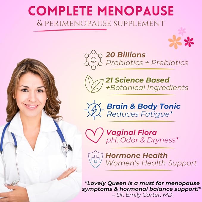 Lovely Menopause Supplement + Hormone Balance + Weight Management, Hot Flashes, Mood Swings, Vaginal Health & Dryness | Black Cohosh, Dong Quai, Ashwagandha + Probiotics, Woman Supplement, 60 ct