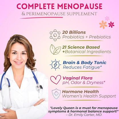 Lovely Menopause Supplement + Hormone Balance + Weight Management, Hot Flashes, Mood Swings, Vaginal Health & Dryness | Black Cohosh, Dong Quai, Ashwagandha + Probiotics, Woman Supplement, 60 ct